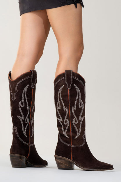Pietro - Bota alta estilo western de ante marrón oscuro (Mujer)