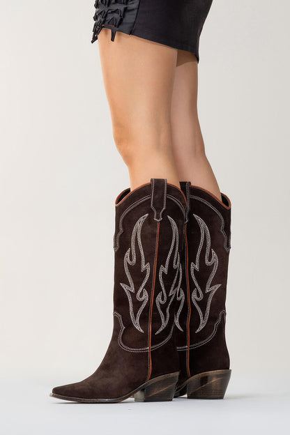 Pietro - Bota alta estilo western de ante marrón oscuro (Mujer)