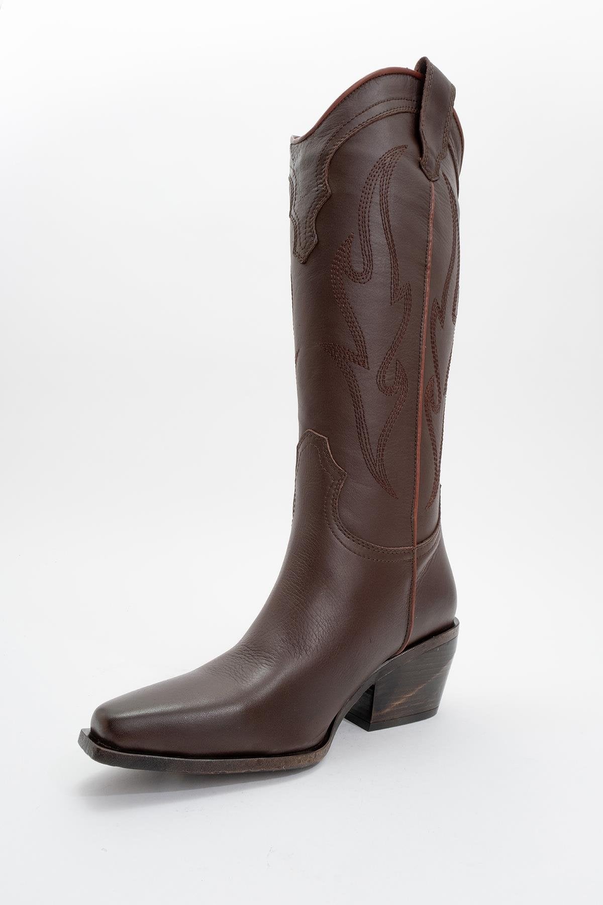 Pietro - Bota vaquera alta de cuero marrón (Mujer)