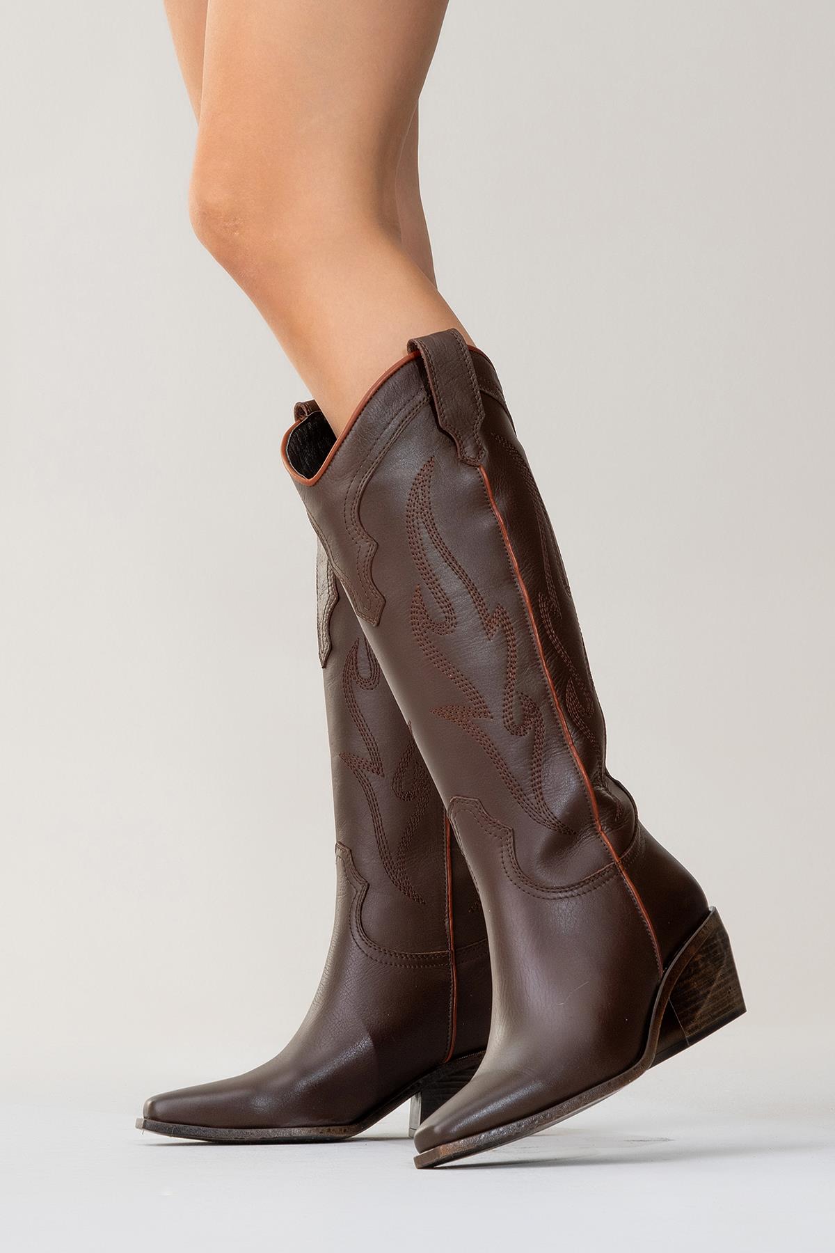 Pietro - Bota vaquera alta de cuero marrón (Mujer)