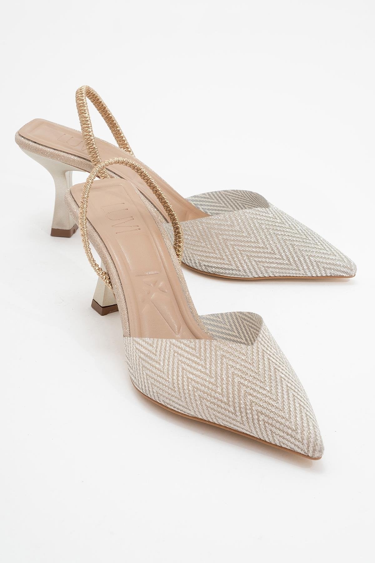 Renos - Zapatilla de tacón de punta fina con purpurina dorada (Mujer)