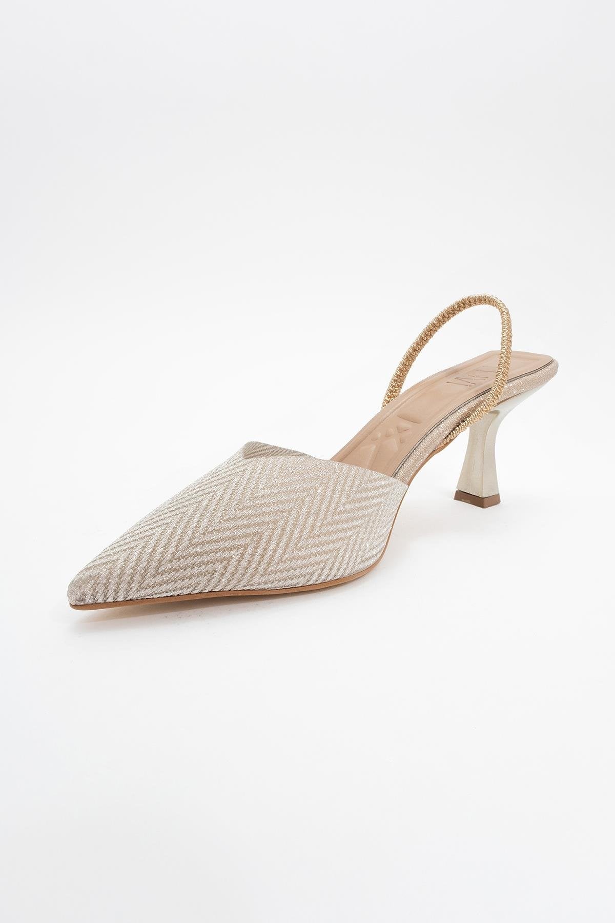 Renos - Zapatilla de tacón de punta fina con purpurina dorada (Mujer)