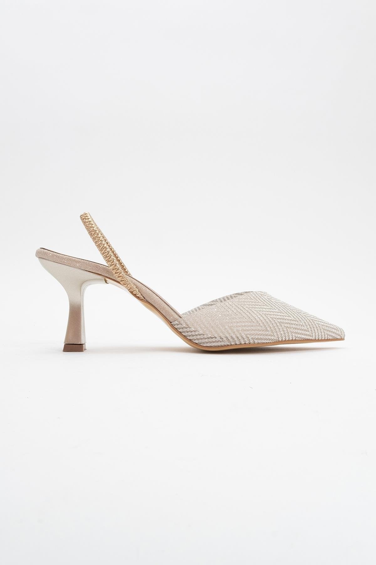 Renos - Zapatilla de tacón de punta fina con purpurina dorada (Mujer)