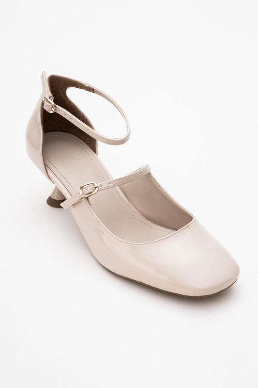 Emly - Zapatos de tacón destalonados en charol beige con punta cuadrada (mujer)