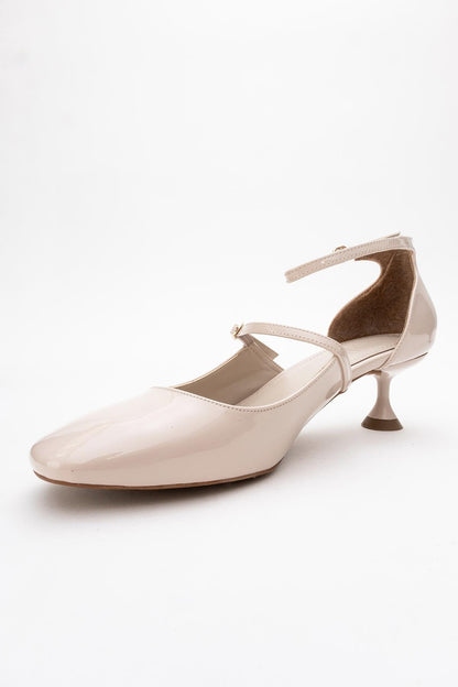 Emly - Zapatos de tacón destalonados en charol beige con punta cuadrada (mujer)