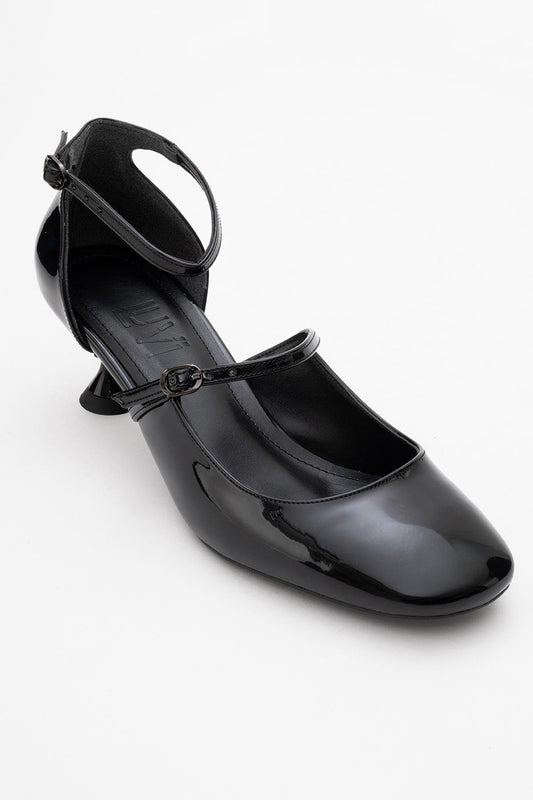 Emly - Zapatilla de tacón destalonada con punta cuadrada de charol negro (Mujer)