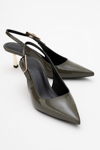 Arty - Zapatos de tacón destalonados con punta fina en charol color oliva (Mujer)
