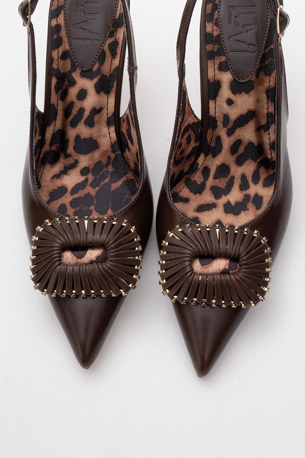 Spera - Zapatos de tacón con puntera en punta y hebilla con estampado marrón (mujer)
