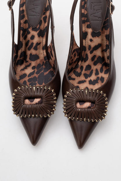 Spera - Zapatos de tacón con puntera en punta y hebilla con estampado marrón (mujer)