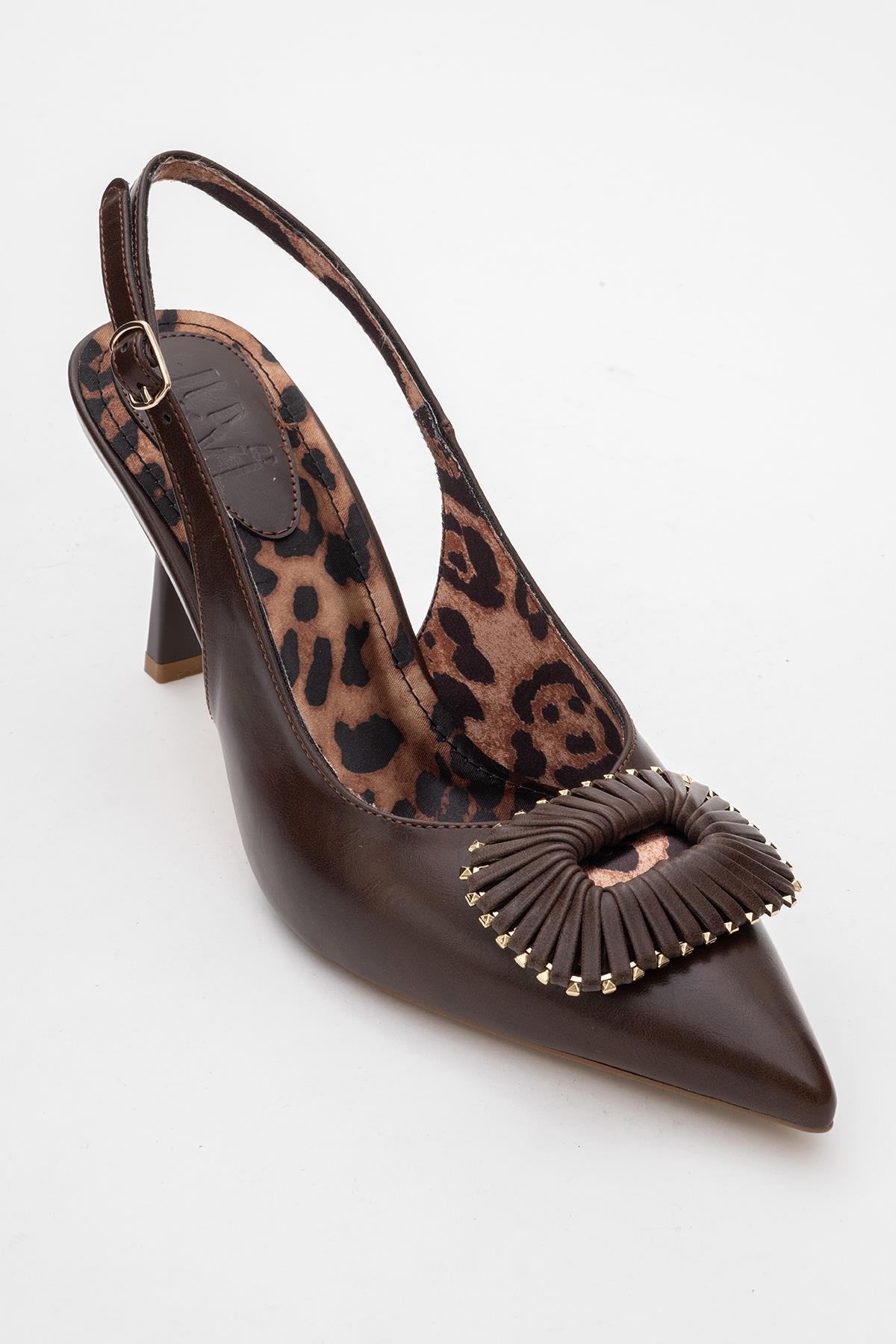 Spera - Zapatos de tacón con puntera en punta y hebilla con estampado marrón (mujer)