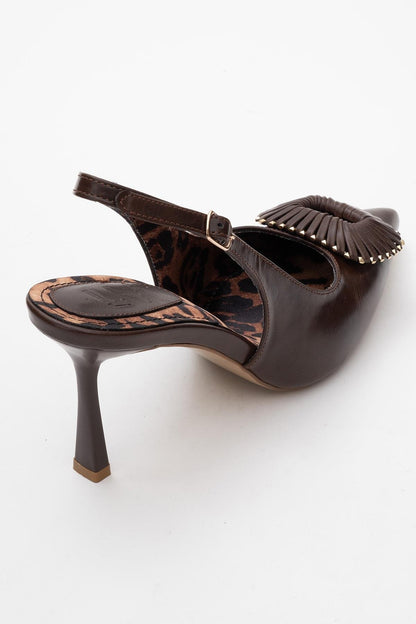 Spera - Zapatos de tacón con puntera en punta y hebilla con estampado marrón (mujer)