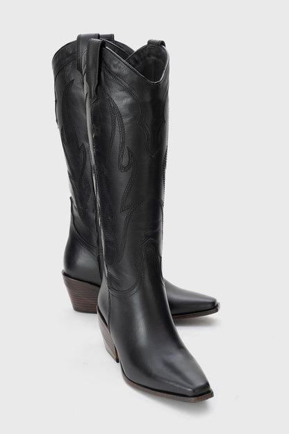 Pietro - Bota vaquera alta de cuero negro (Mujer)