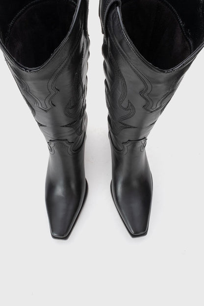 Pietro - Bota vaquera alta de cuero negro (Mujer)
