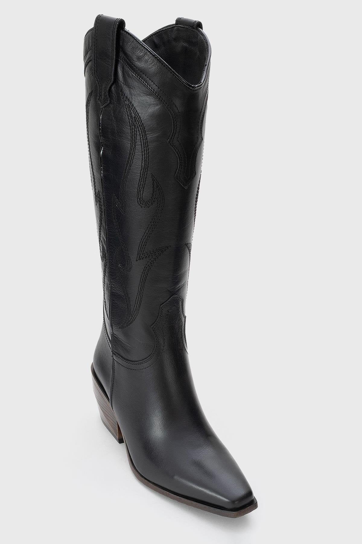 Pietro - Bota vaquera alta de cuero negro (Mujer)