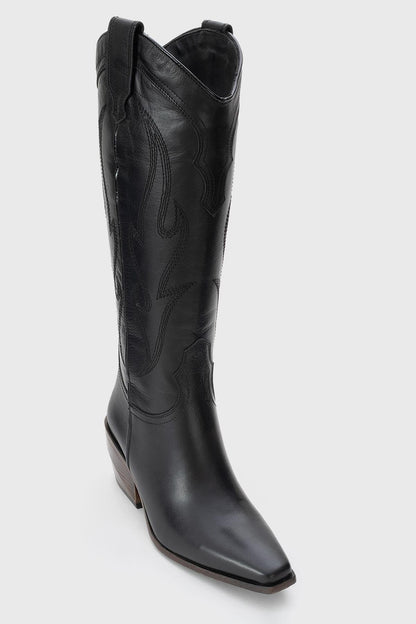 Pietro - Bota vaquera alta de cuero negro (Mujer)