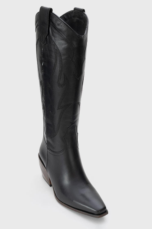 Pietro - Black Leather Western Knee High Boot (Women)