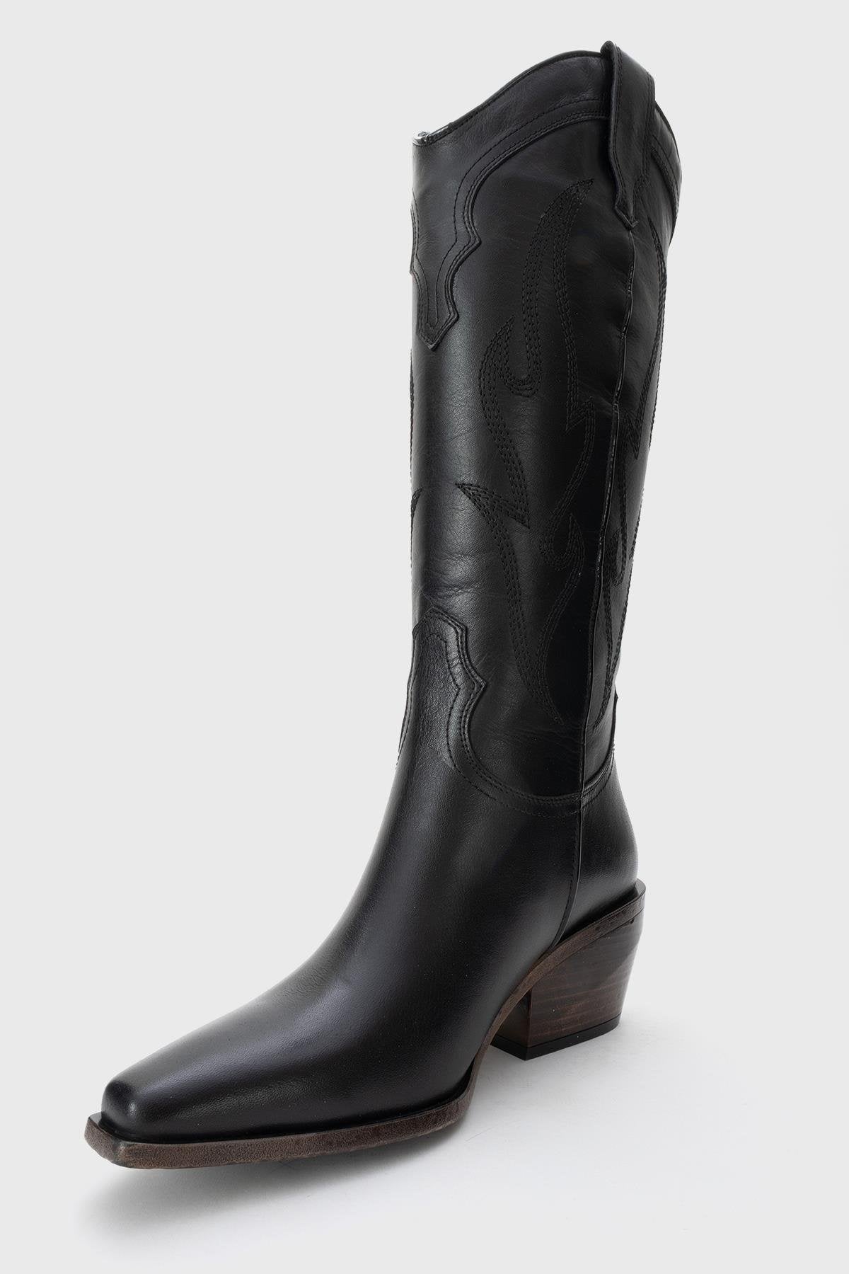 Pietro - Bota vaquera alta de cuero negro (Mujer)