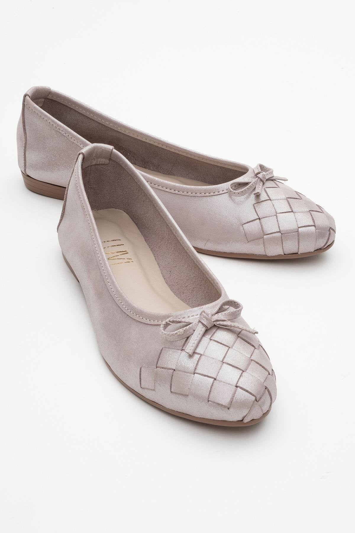 03 - Bailarinas planas de piel auténtica con purpurina beige (Mujer)