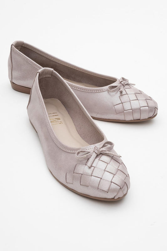 03 - Bailarinas planas de piel auténtica con purpurina beige (Mujer)