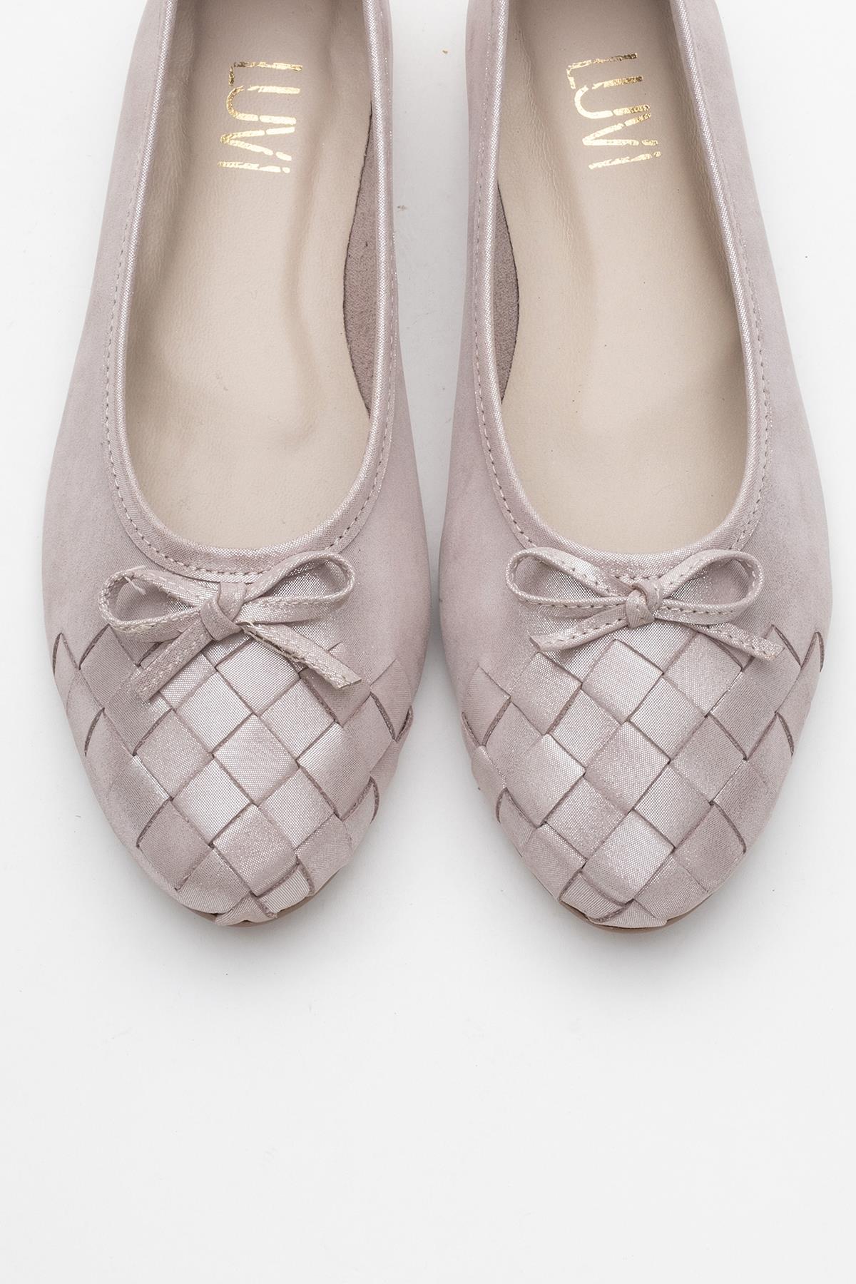03 - Bailarinas planas de piel auténtica con purpurina beige (Mujer)