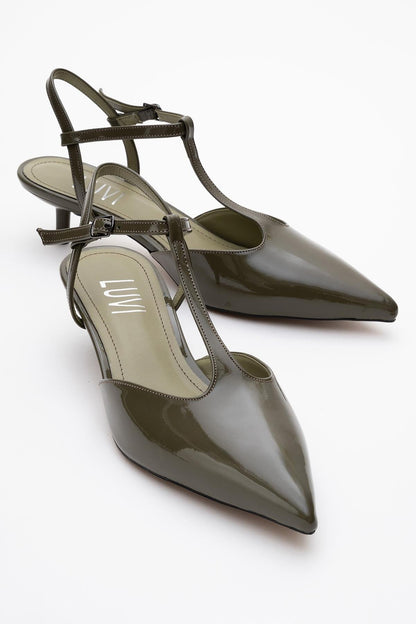 Asher - Zapatos de tacón destalonados en charol caqui con punta fina (Mujer)