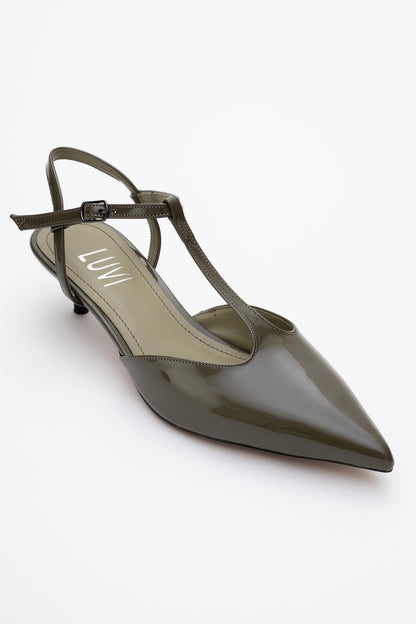 Asher - Zapatos de tacón destalonados en charol caqui con punta fina (Mujer)