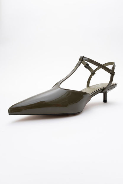 Asher - Zapatos de tacón destalonados en charol caqui con punta fina (Mujer)