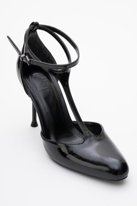 Jon - Zapato de tacón con tira en T de charol negro (Mujer)
