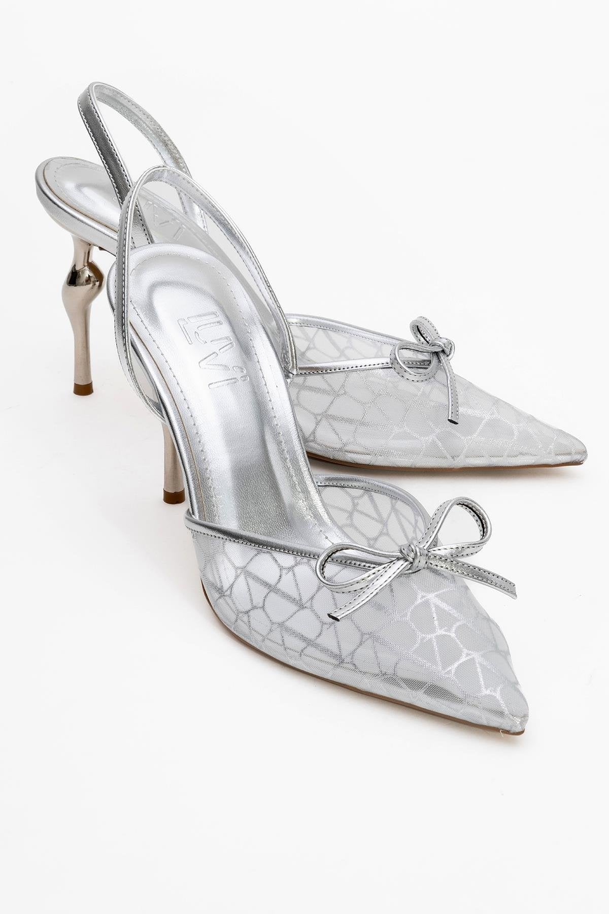 Peony - Zapatos de tacón de aguja con lazo de malla plateada (Mujer)