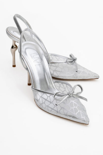 Peony - Zapatos de tacón de aguja con lazo de malla plateada (Mujer)