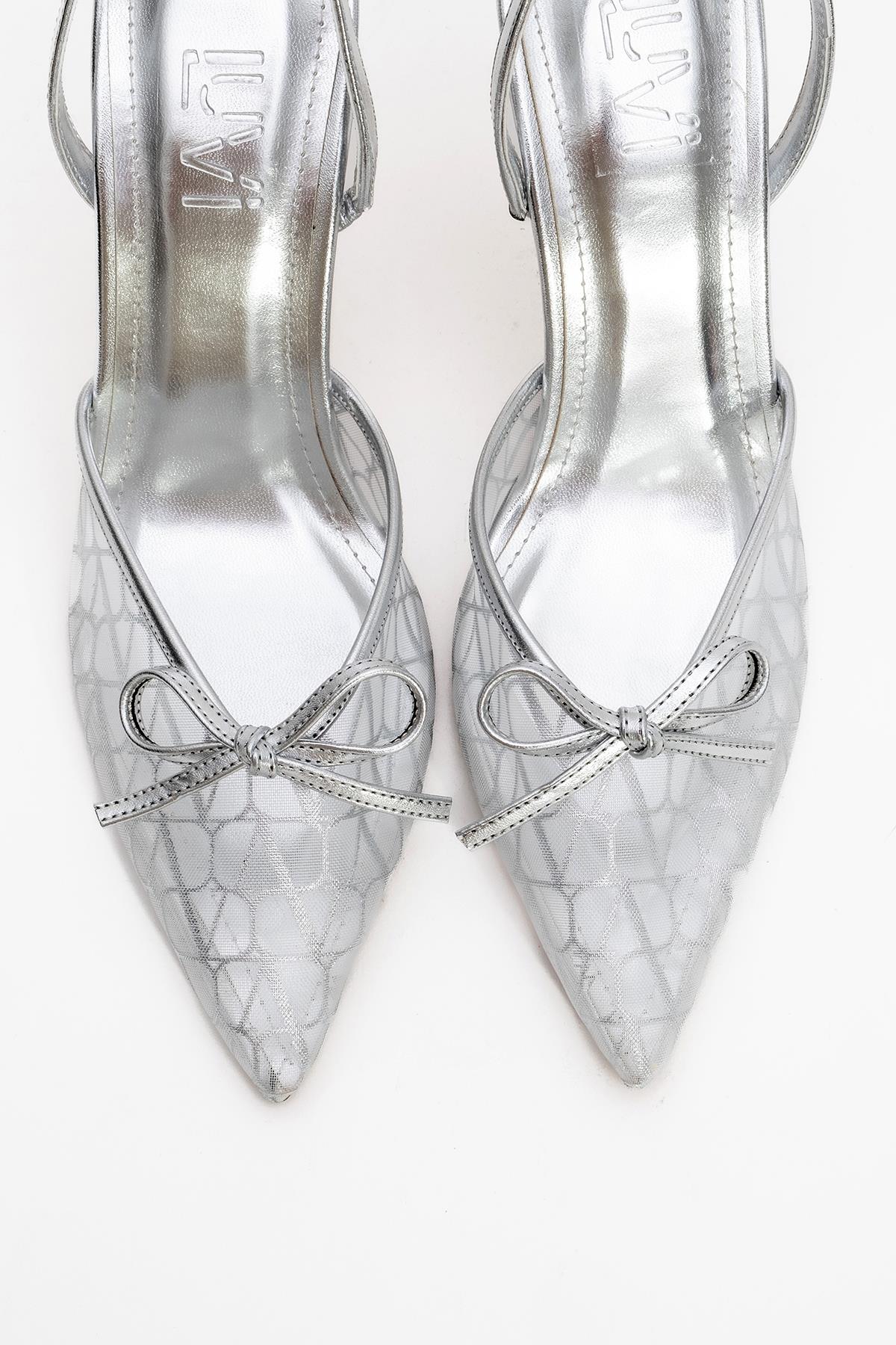 Peony - Zapatos de tacón de aguja con lazo de malla plateada (Mujer)