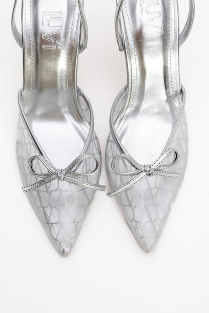 Peony - Zapatos de tacón de aguja con lazo de malla plateada (Mujer)