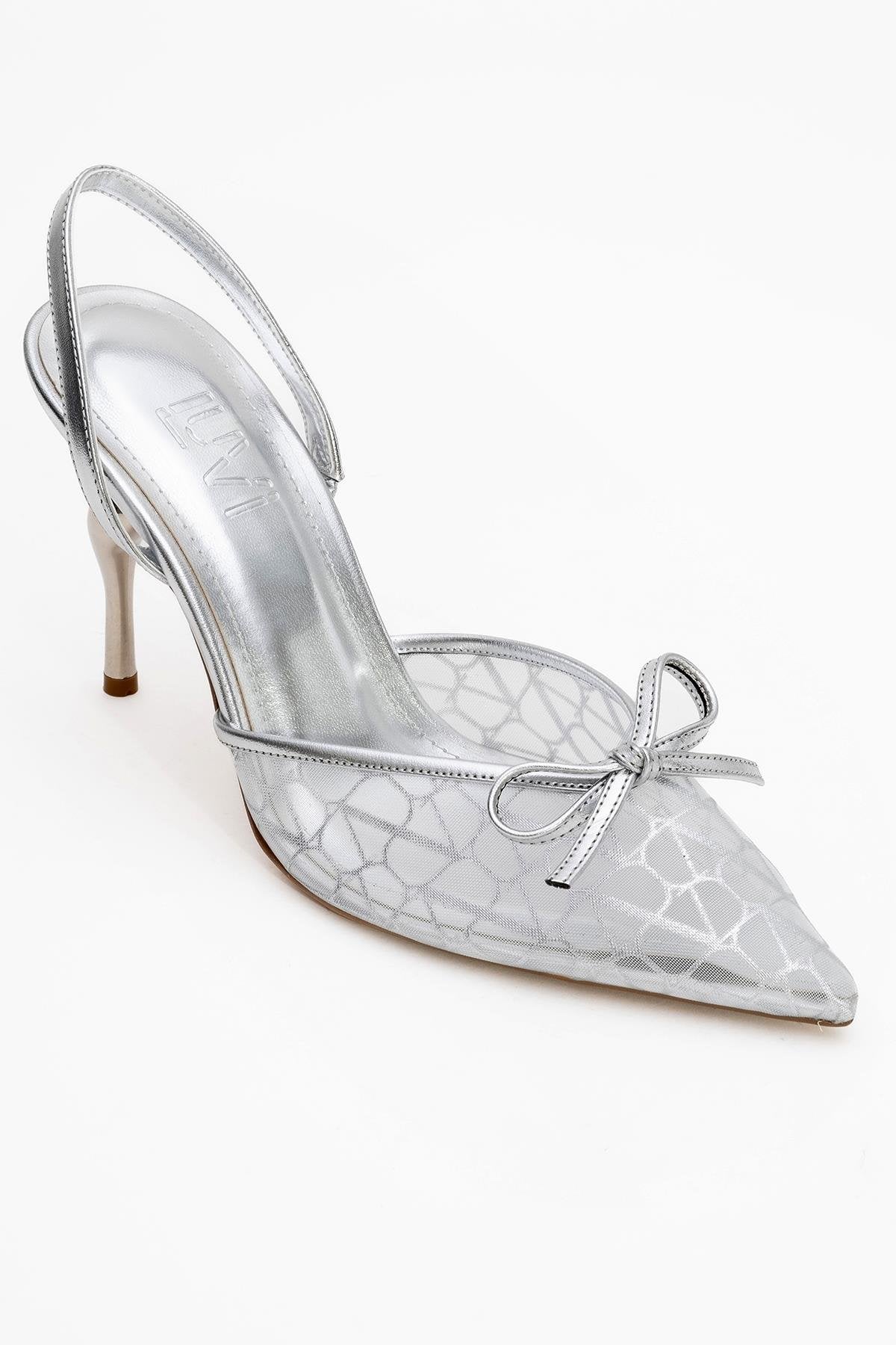Peony - Zapatos de tacón de aguja con lazo de malla plateada (Mujer)