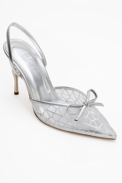 Peony - Zapatos de tacón de aguja con lazo de malla plateada (Mujer)
