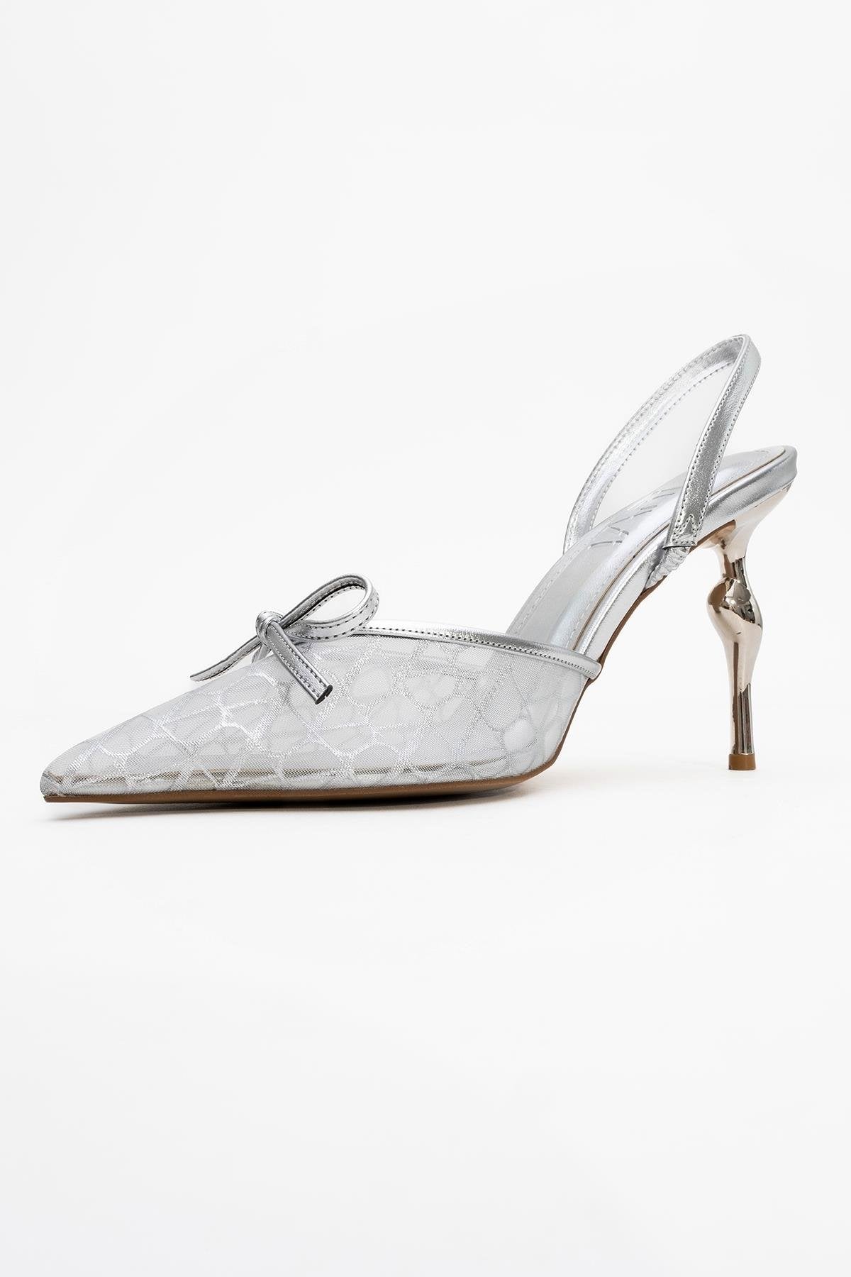 Peony - Zapatos de tacón de aguja con lazo de malla plateada (Mujer)