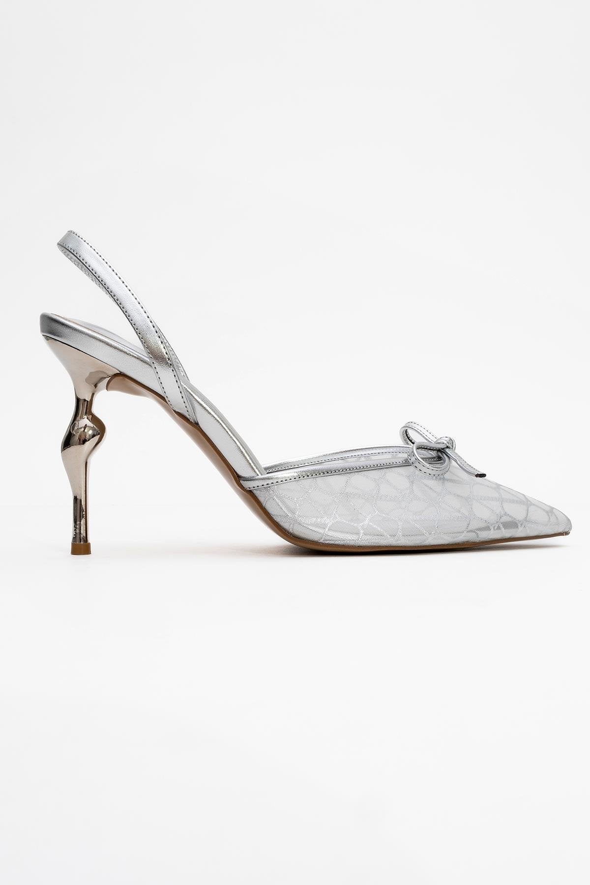 Peony - Zapatos de tacón de aguja con lazo de malla plateada (Mujer)