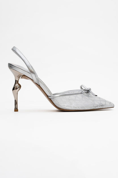 Peony - Zapatos de tacón de aguja con lazo de malla plateada (Mujer)