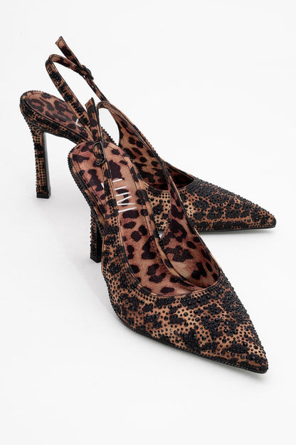 Roya - Zapatos de Tacón de Aguja con Punta en Pico, de Satén Estampado Negro/Amarillo con Joyas (Mujer)