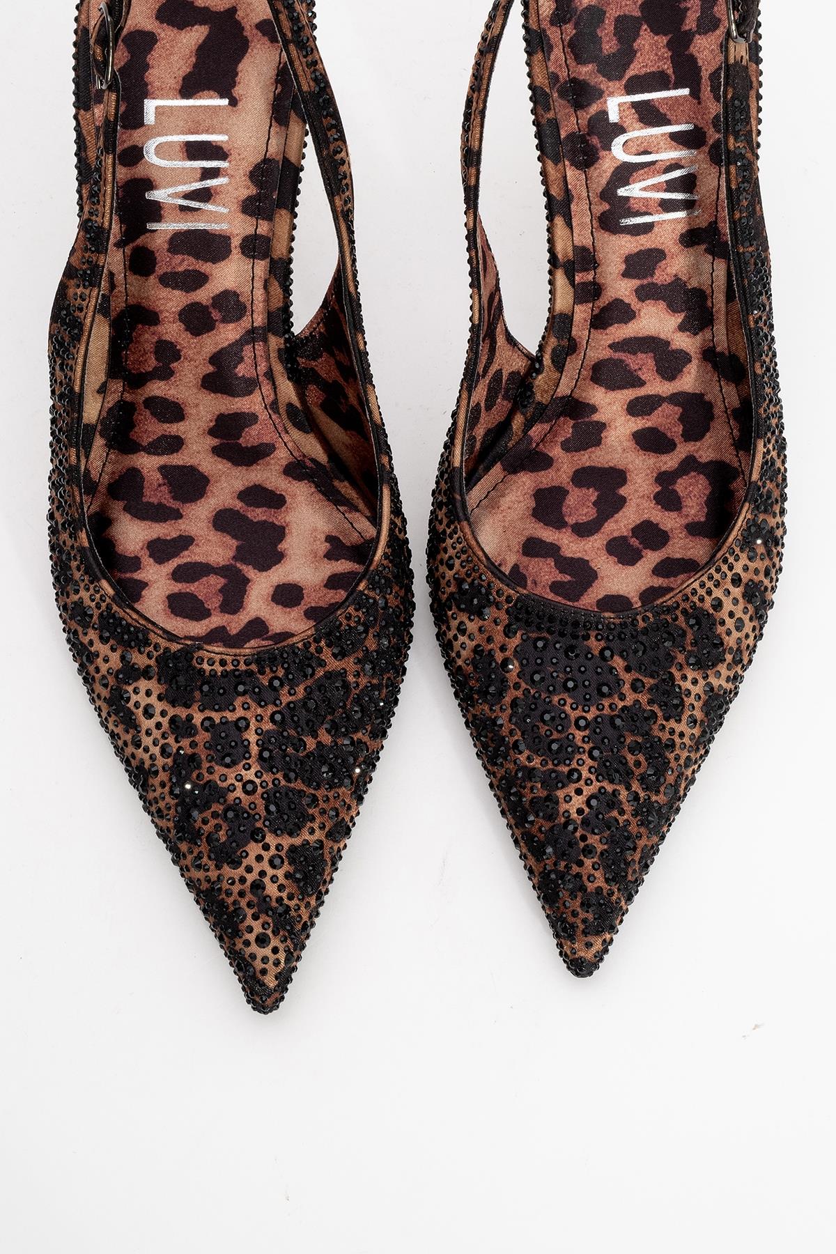 Roya - Zapatos de Tacón de Aguja con Punta en Pico, de Satén Estampado Negro/Amarillo con Joyas (Mujer)