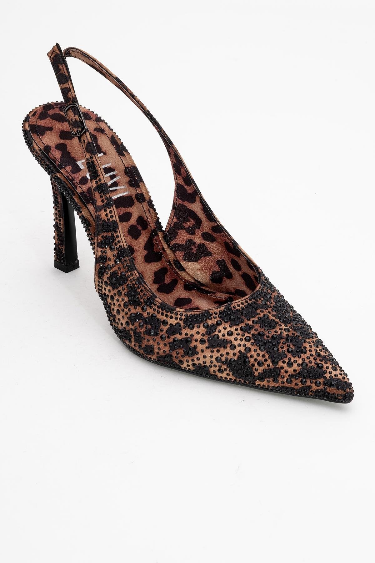 Roya - Zapatos de Tacón de Aguja con Punta en Pico, de Satén Estampado Negro/Amarillo con Joyas (Mujer)