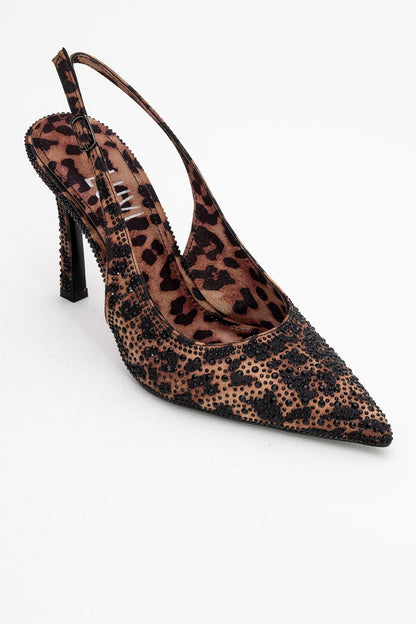 Roya - Zapatos de Tacón de Aguja con Punta en Pico, de Satén Estampado Negro/Amarillo con Joyas (Mujer)
