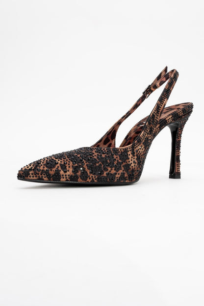 Roya - Zapatos de Tacón de Aguja con Punta en Pico, de Satén Estampado Negro/Amarillo con Joyas (Mujer)