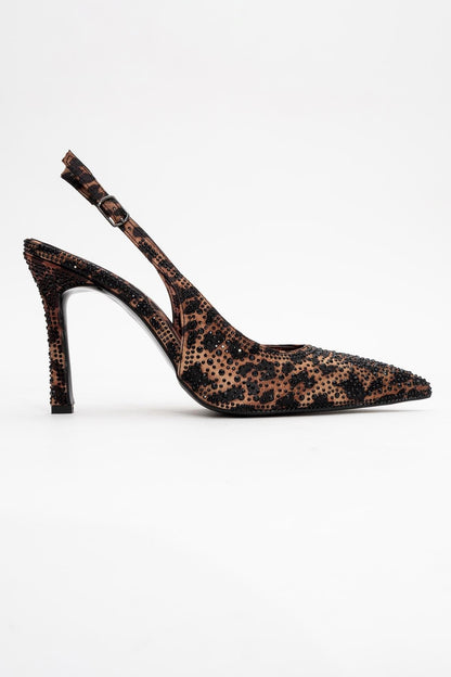 Roya - Zapatos de Tacón de Aguja con Punta en Pico, de Satén Estampado Negro/Amarillo con Joyas (Mujer)