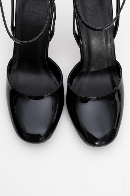 Blues - Zapatos de tacón con correa al tobillo y punta redonda de charol negro (Mujer)