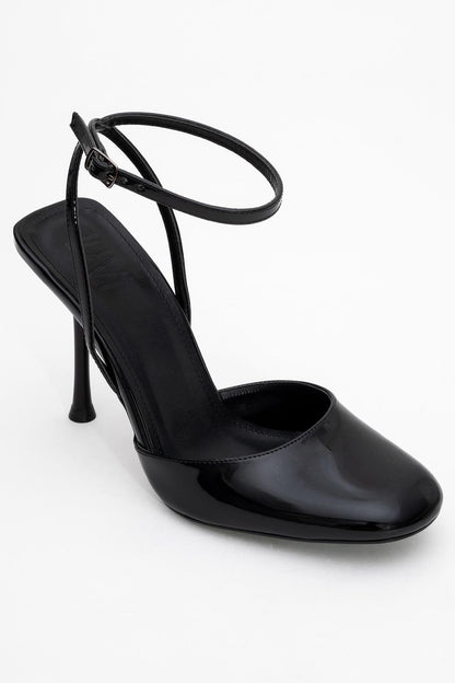 Blues - Zapatos de tacón con correa al tobillo y punta redonda de charol negro (Mujer)