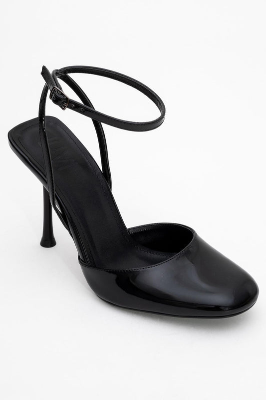 Blues - Zapatos de tacón con correa al tobillo y punta redonda de charol negro (Mujer)