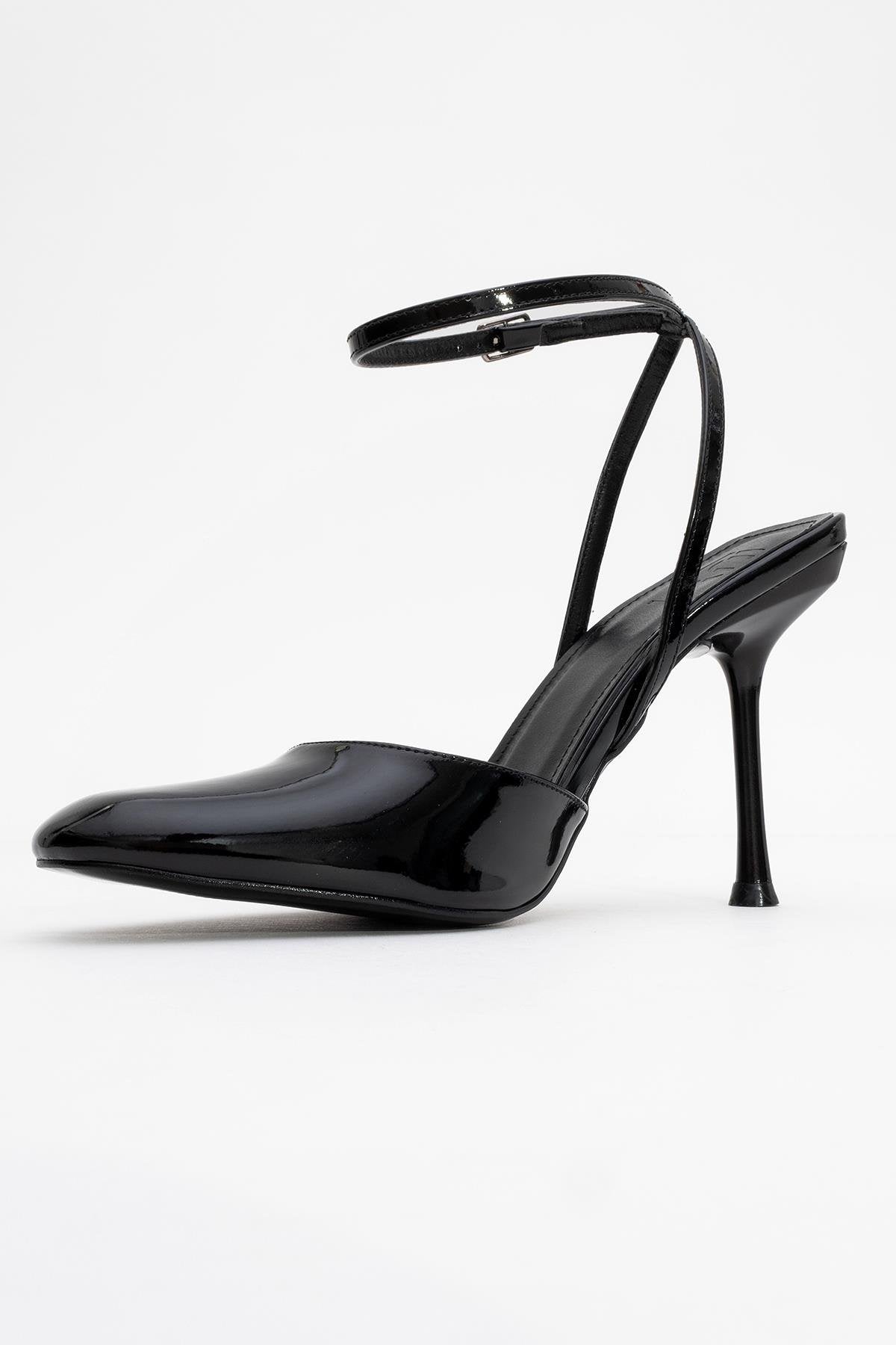 Blues - Zapatos de tacón con correa al tobillo y punta redonda de charol negro (Mujer)