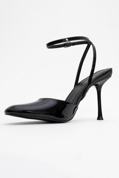 Blues - Zapatos de tacón con correa al tobillo y punta redonda de charol negro (Mujer)