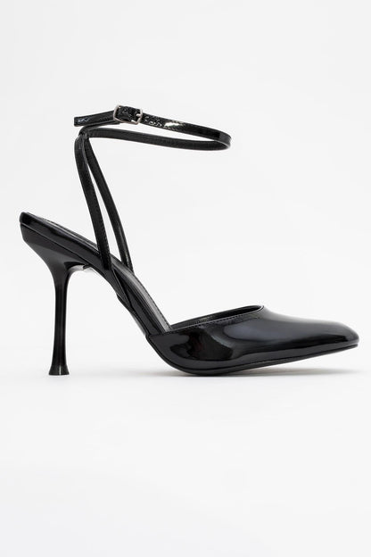 Blues - Zapatos de tacón con correa al tobillo y punta redonda de charol negro (Mujer)