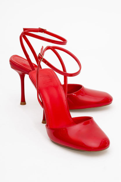 Blues - Zapatos de tacón con tira en el tobillo, puntera redonda y charol rojo (mujer)